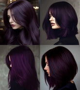 Deep purple hair color with different haircut styles – long layers, bob cut, and straight looks