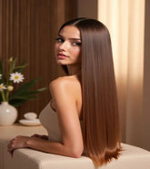 Chestnut brown straight hair with smooth shiny finish for natural hairstyle