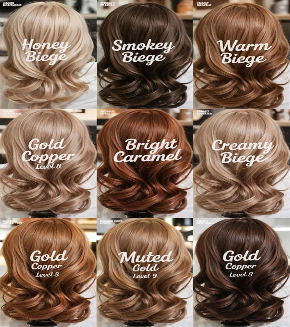 Hair color chart featuring shades from honey beige to gold copper, including warm and creamy beige, caramel, and muted gold