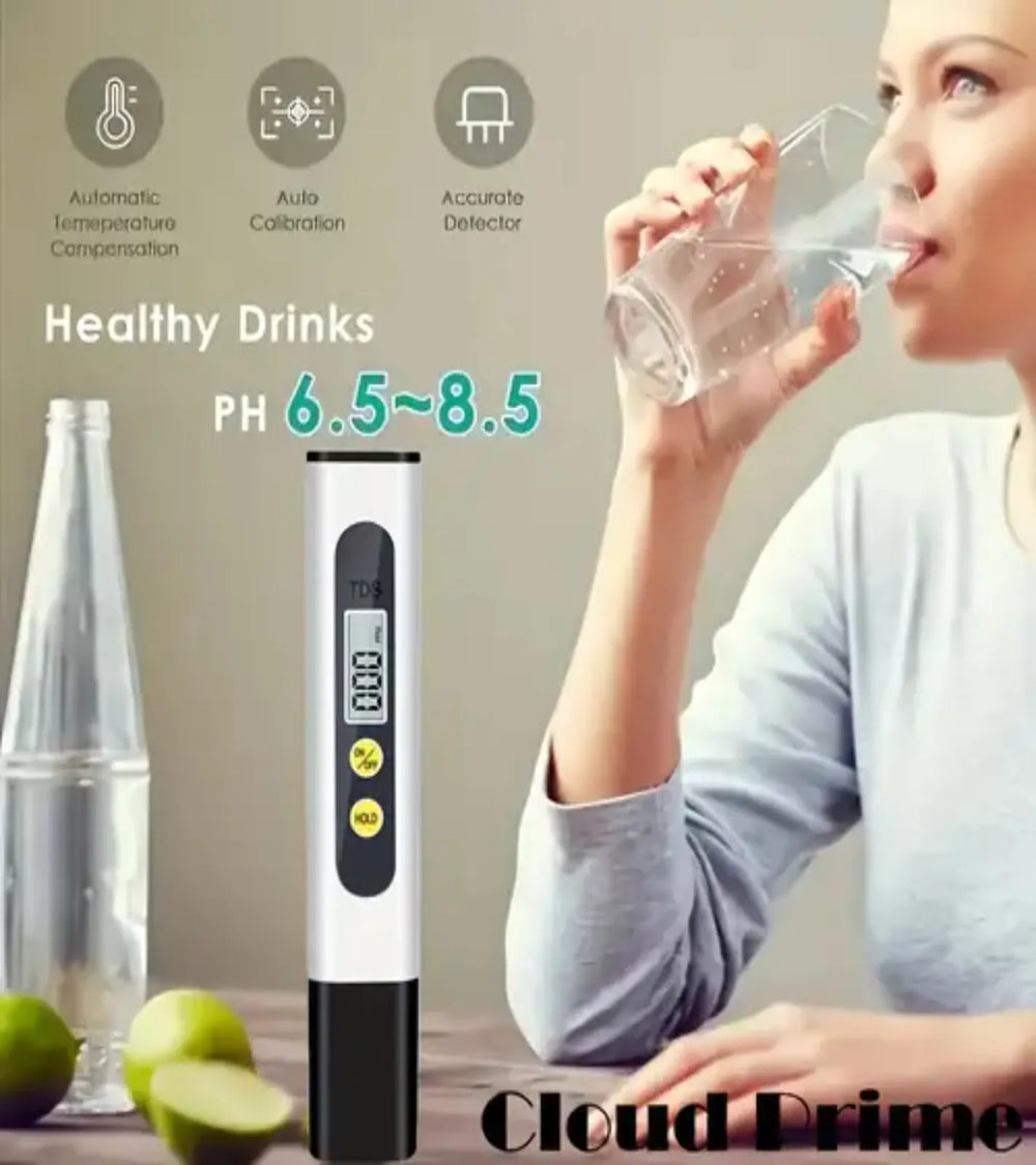 TDS water tester for checking healthy drinking water levels between pH 6.5 and 8.5.