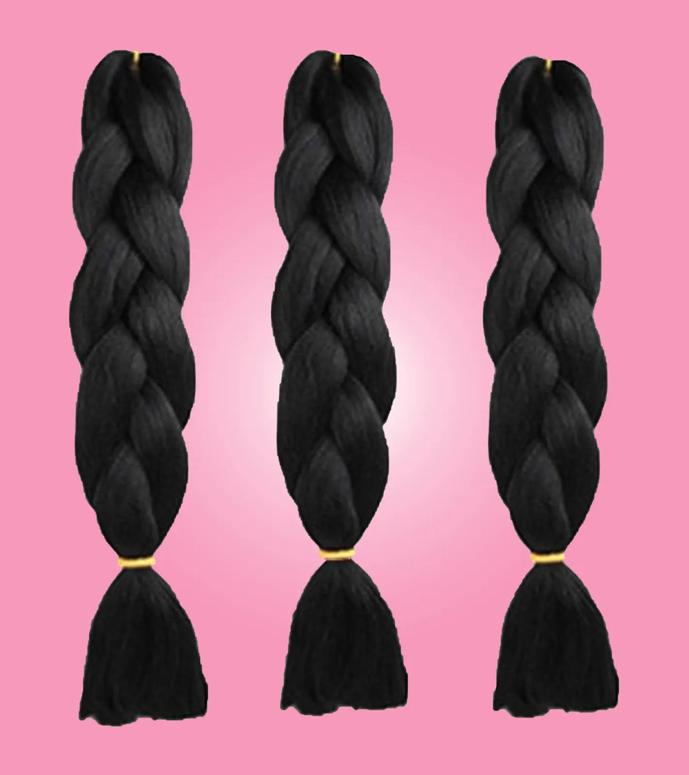 Three black braided hair extensions tied with yellow elastics, perfect for adding volume and length to natural hair.