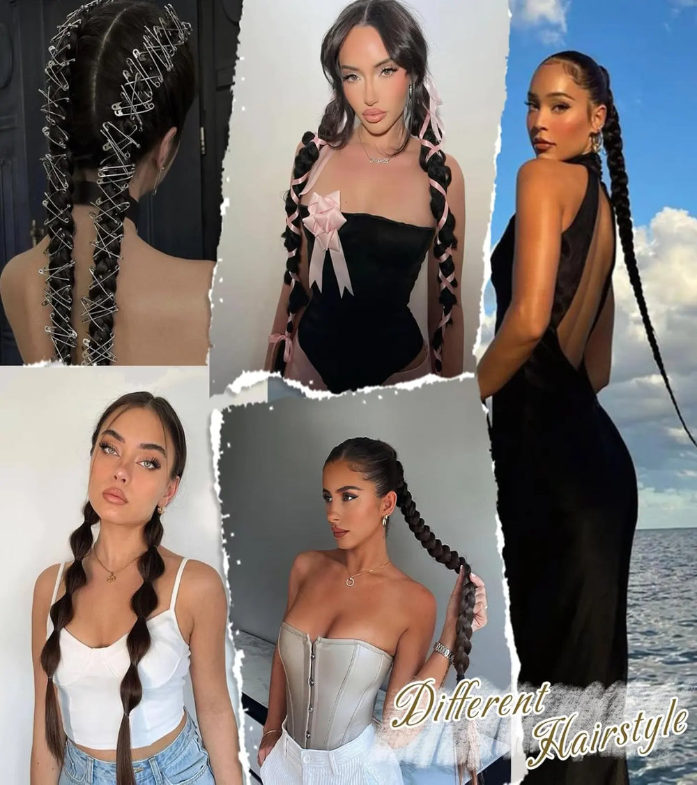 Women showing different hairstyles using gut braided hair extensions for fashion, parties, and casual looks.