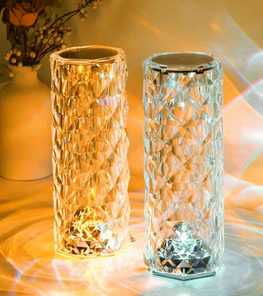Pair of dimmable LED crystal lamps showing warm and cool white lighting for stylish interiors