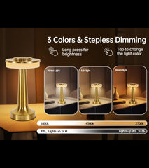 Gold cordless table lamp with three color modes (white, mix, warm) and stepless dimming options