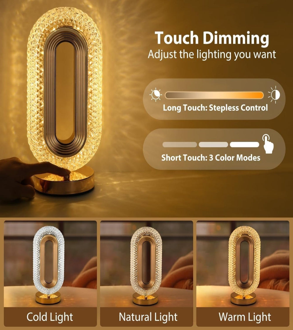 Crystal touch lamp with stepless dimming and 3 color modes. Cold, Natural, and Warm light options