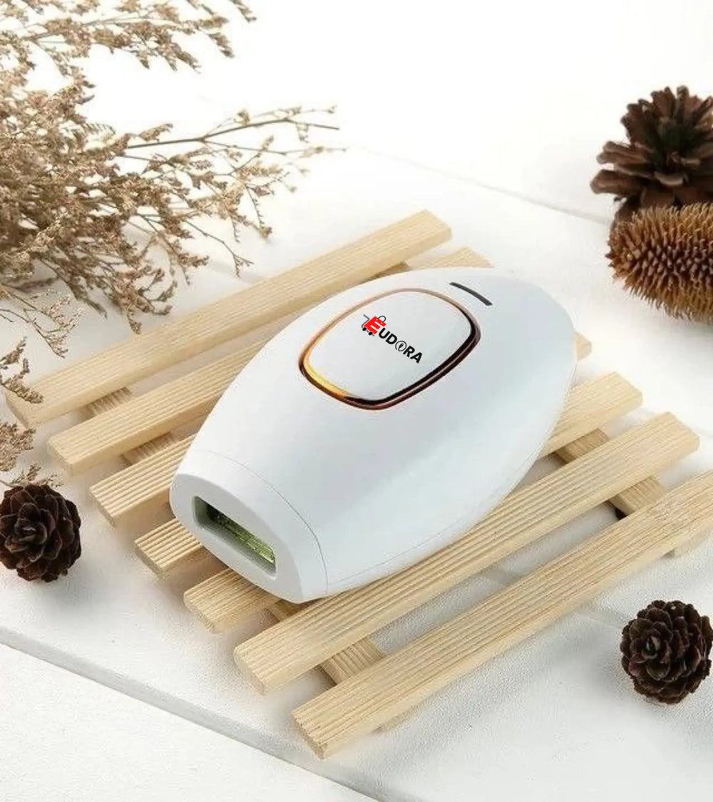 Eudora IPL hair removal device on decorative wooden display