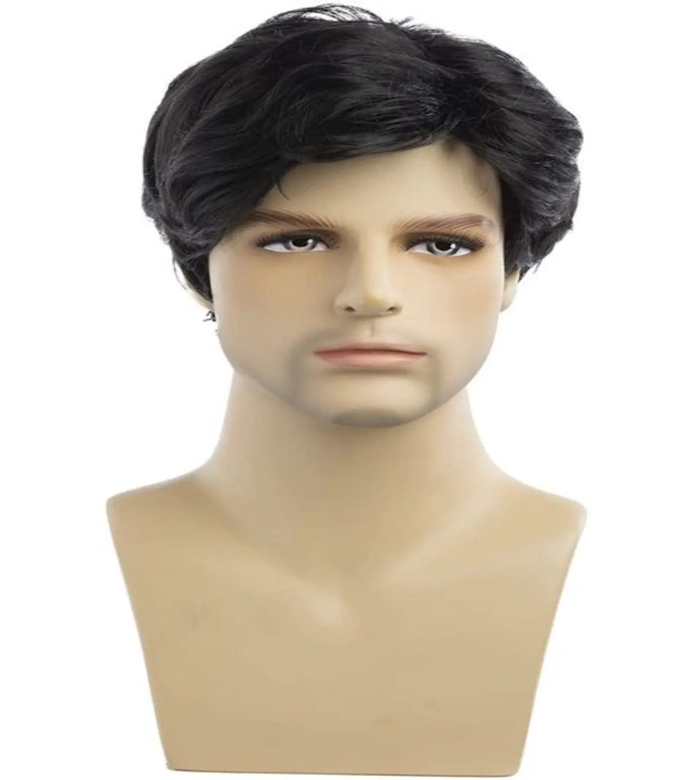 Short black men’s wig displayed on mannequin head for hairstyle demo