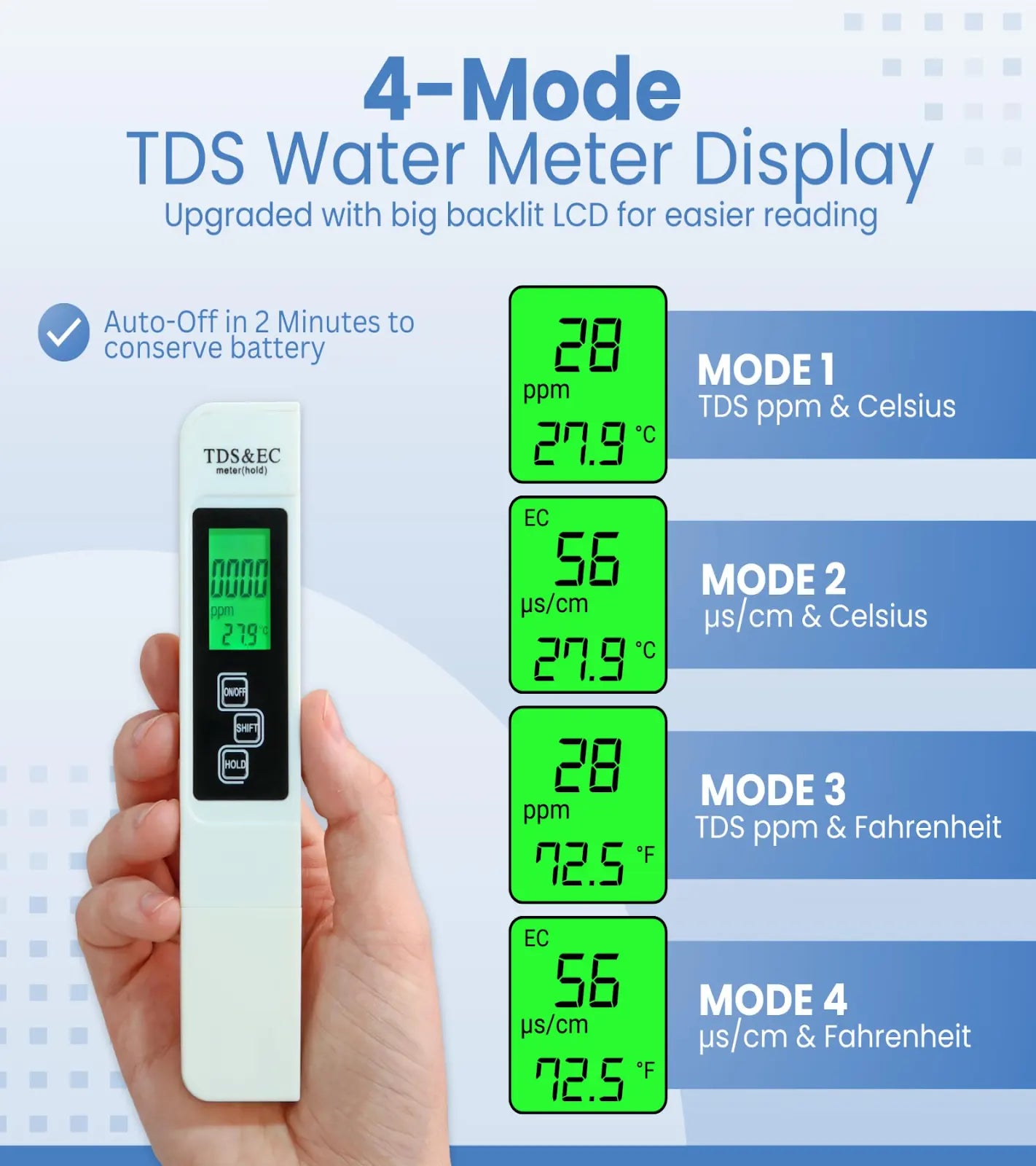 4 mode TDS water meter with Celsius and Fahrenheit display