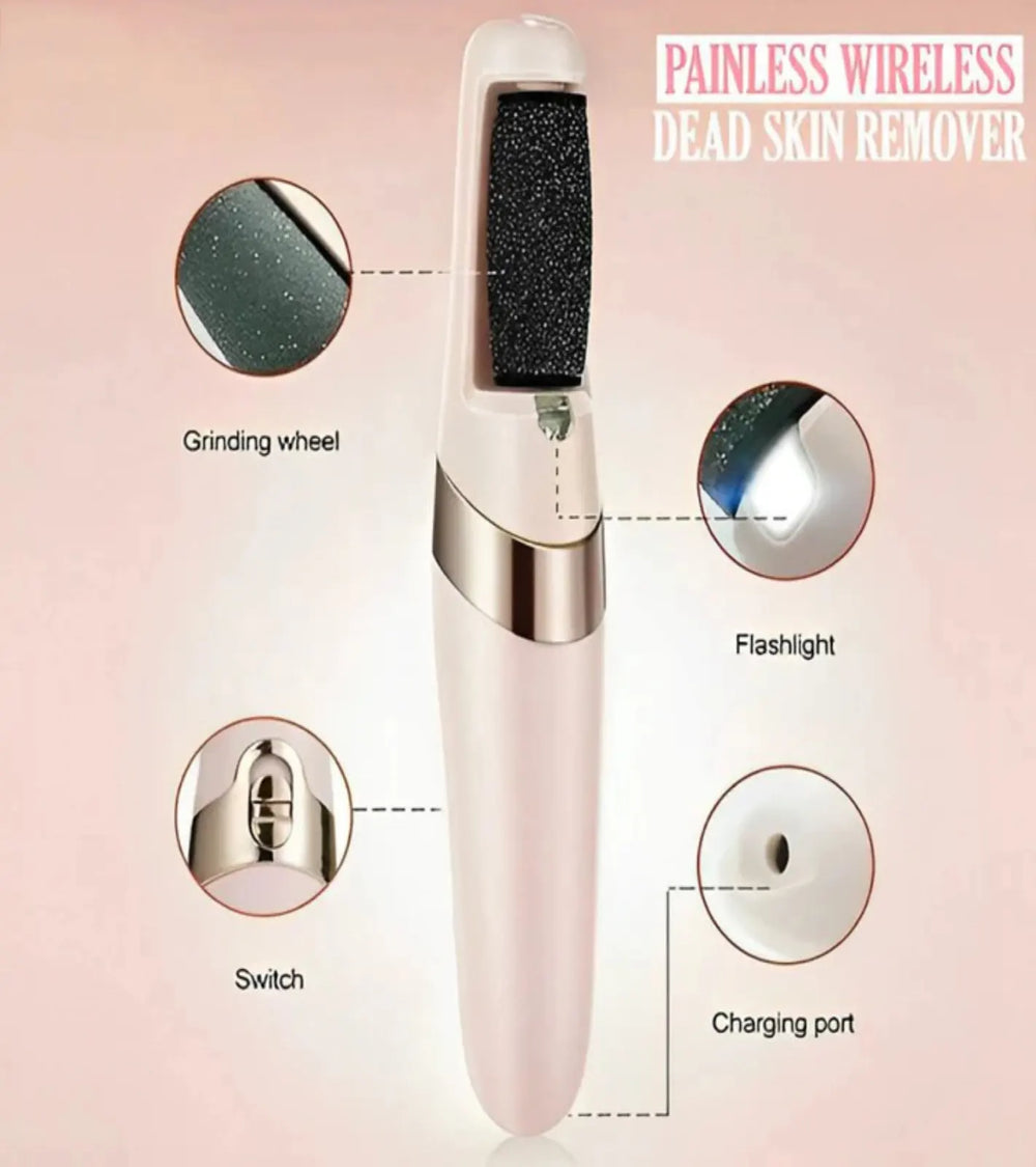 Electric callus remover showing grinding wheel, flashlight, switch, and charging port features