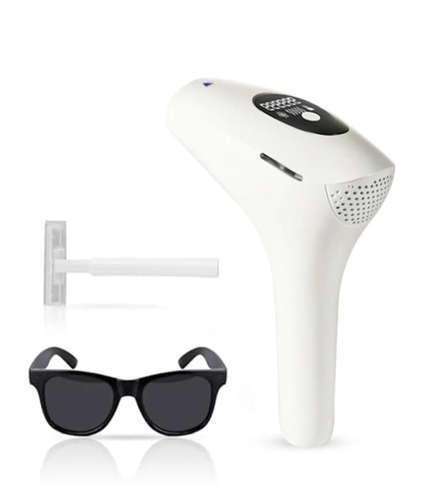 Eudora white ipl laser hair removal handset with digital display on pink background
