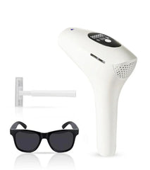 Eudora white ipl laser hair removal handset with digital display on pink background

