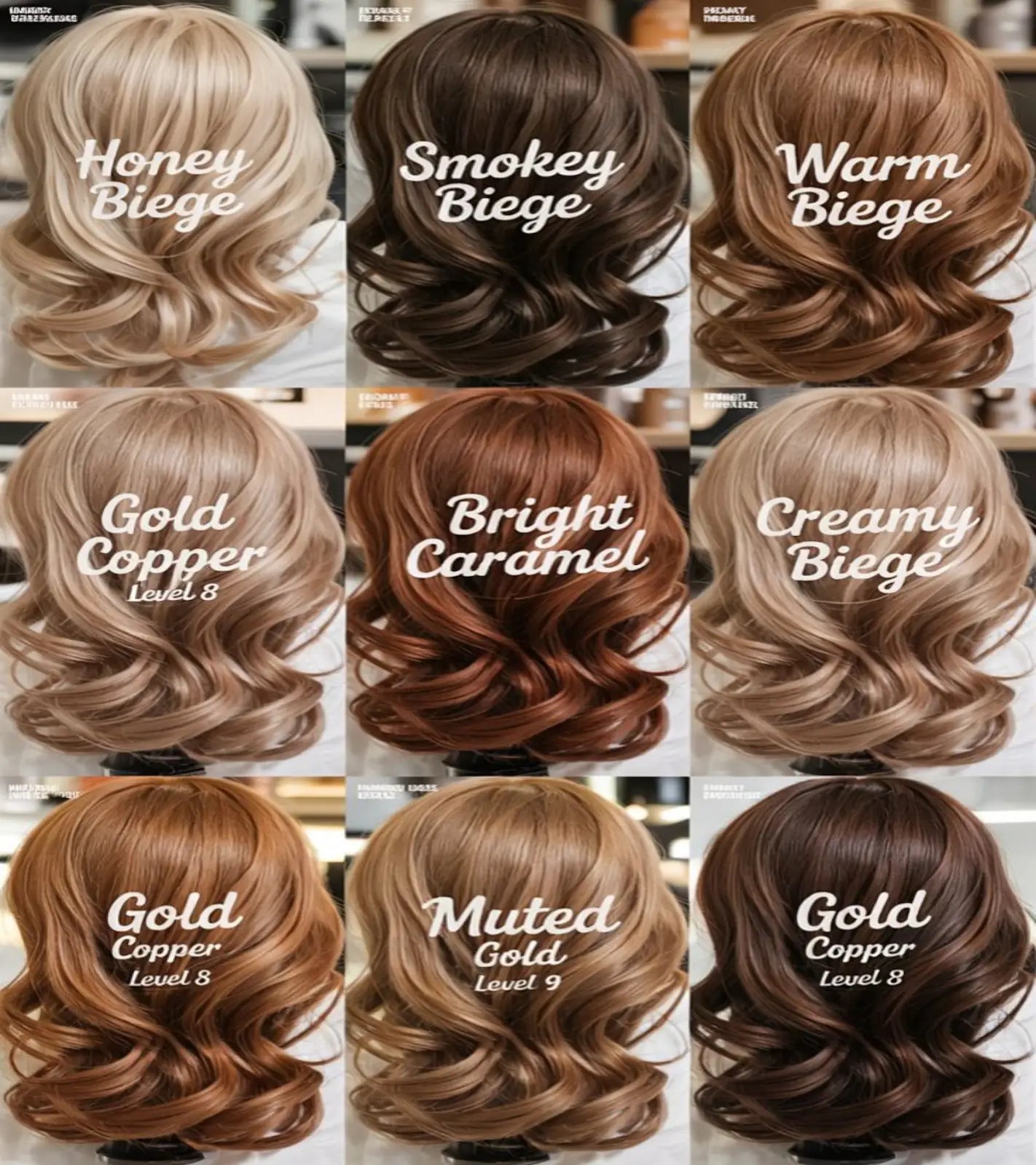 Hair color chart featuring shades from honey beige to gold copper, including warm and creamy beige, caramel, and muted gold