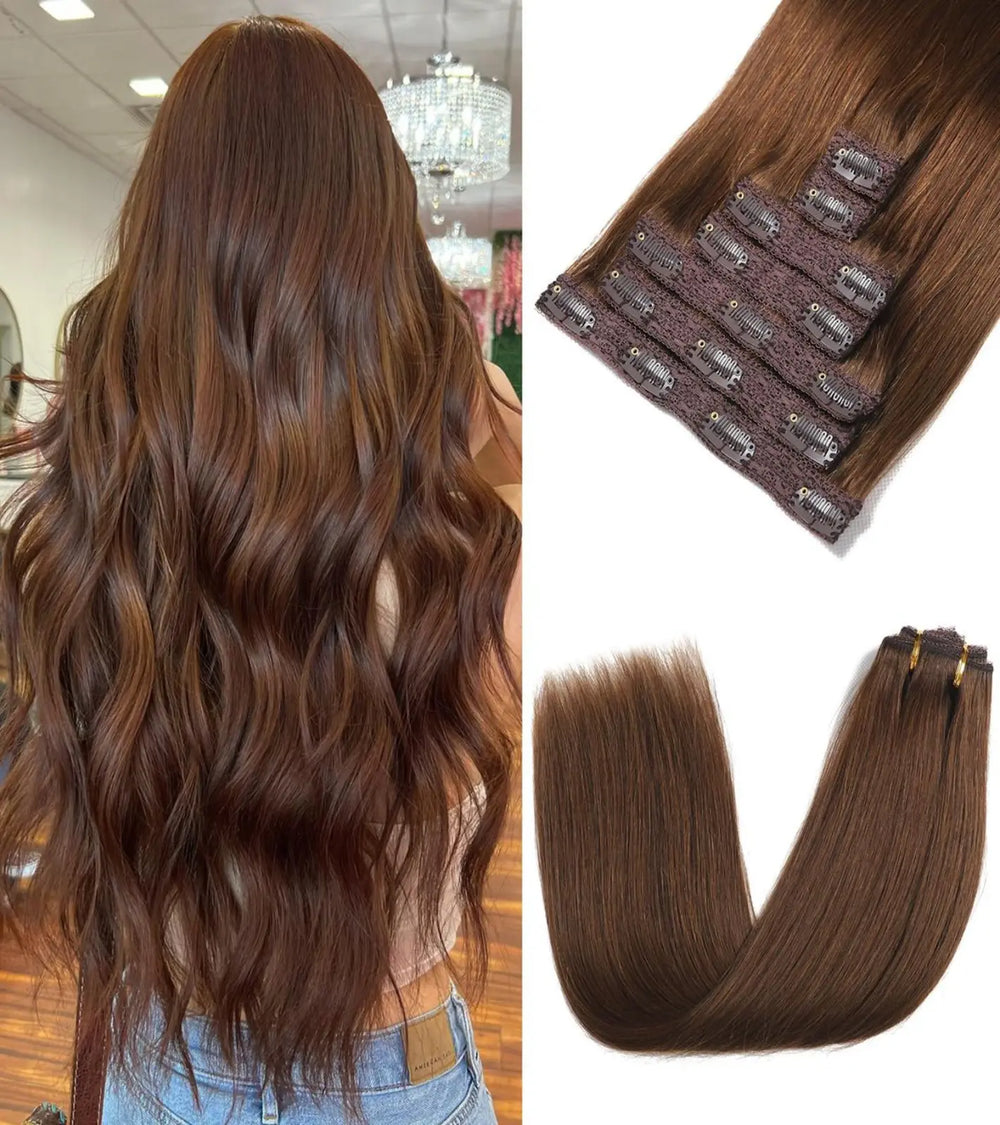 Long wavy brown hair with matching clip-in extensions