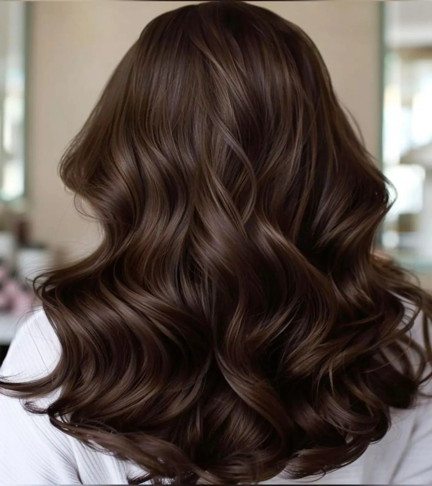 Medium brown wavy hairstyle with smooth glossy finish