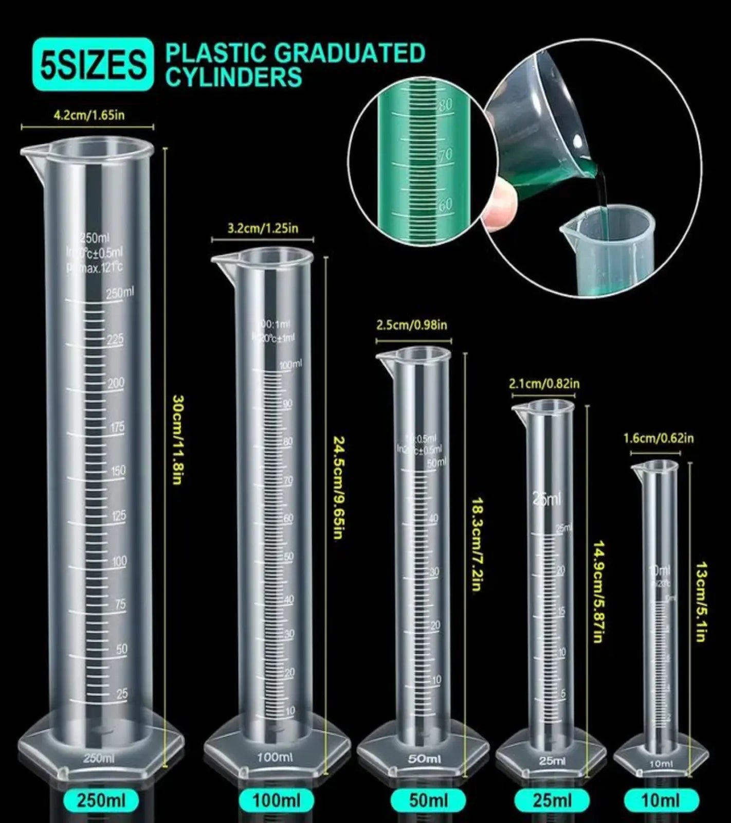 Plastic graduated milk checker cylinders in 5 different sizes with measurements