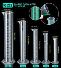 Plastic graduated milk checker cylinders in 5 different sizes with measurements
