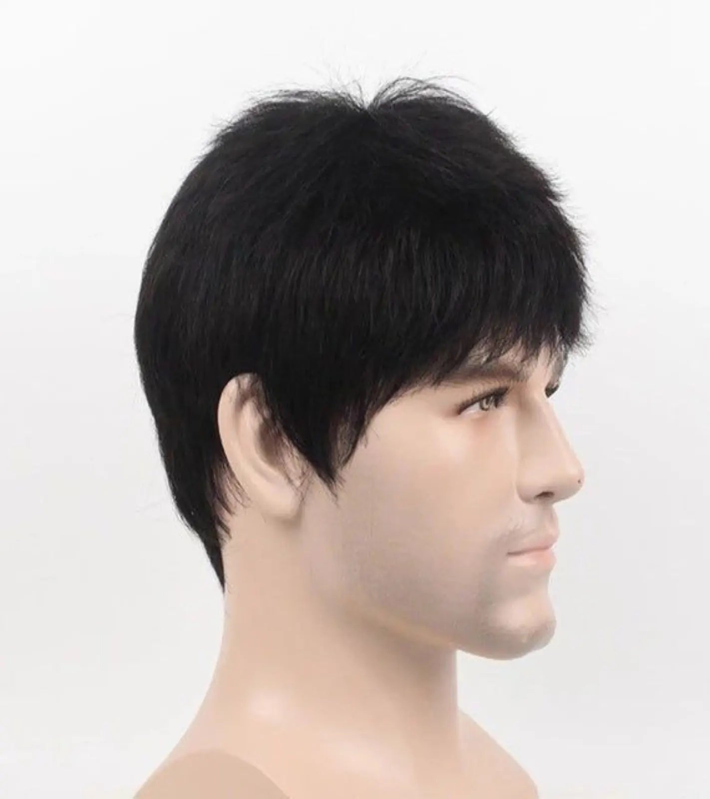 Short layered black men’s wig side view on mannequin head