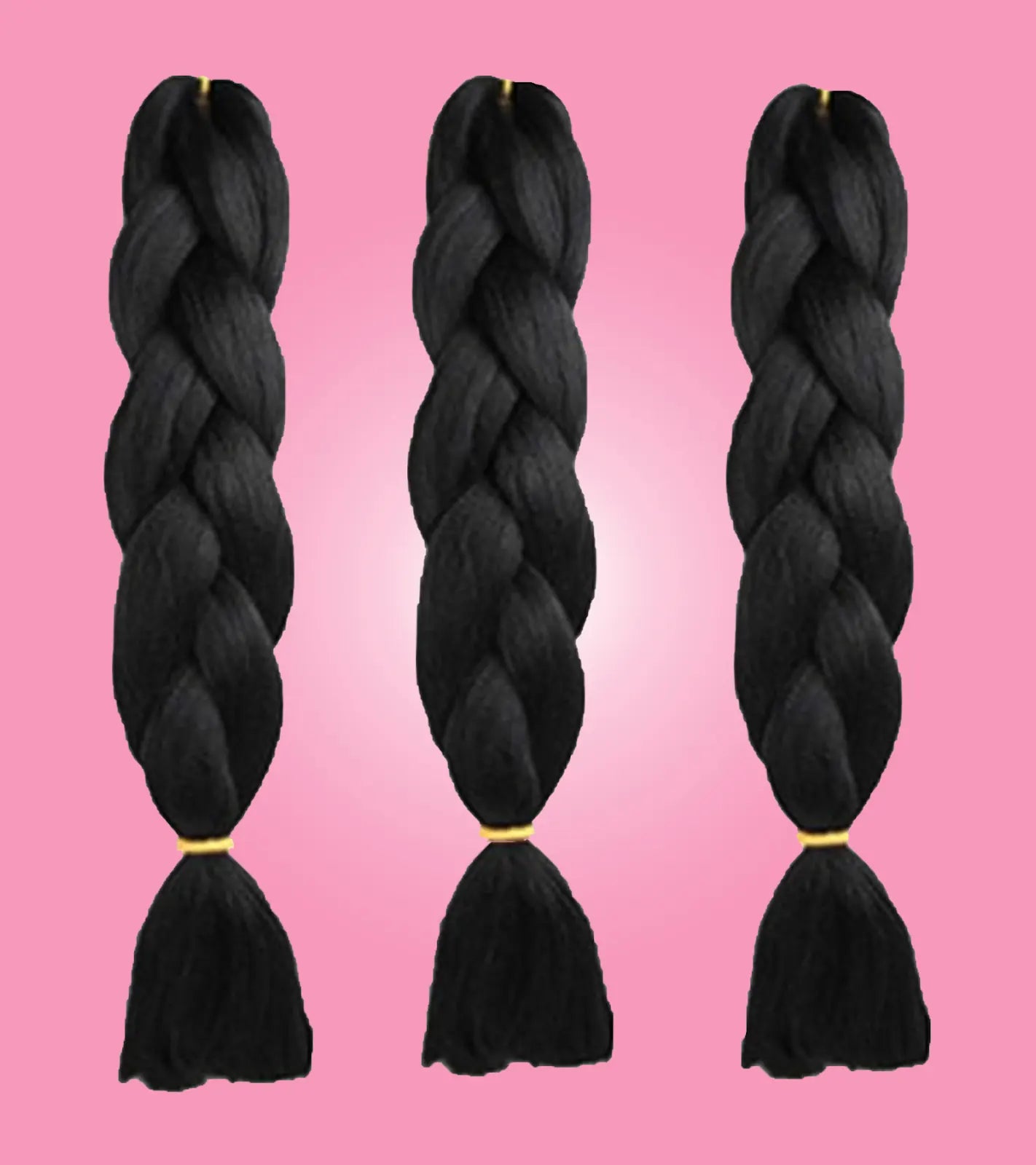Three black braided hair extensions tied with yellow elastics, perfect for adding volume and length to natural hair.
