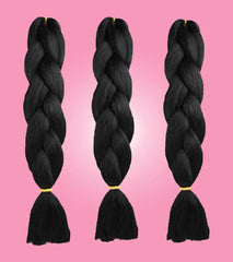 Three black braided hair extensions tied with yellow elastics, perfect for adding volume and length to natural hair.
