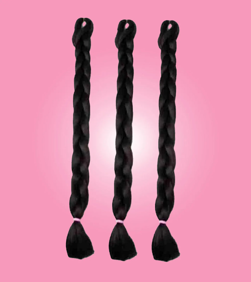 Set of three black gut braided hair extensions for long ponytail and stylish protective hairstyles.