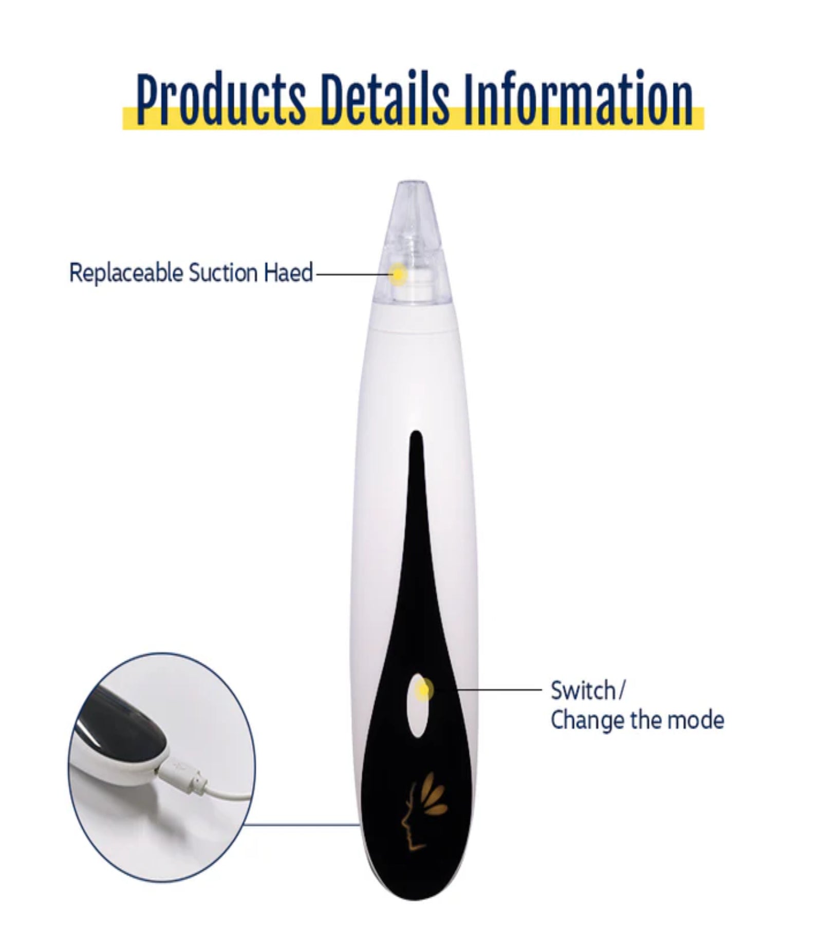 Blackhead remover vacuum showing USB port and mode switch
