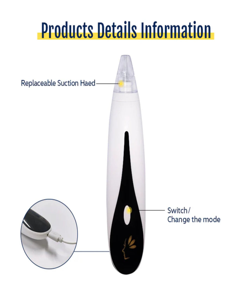 Blackhead remover vacuum showing USB port and mode switch
