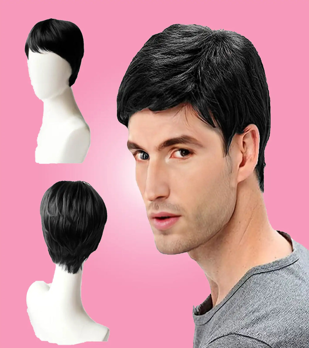 Black hair wig top view for men with natural crown design
