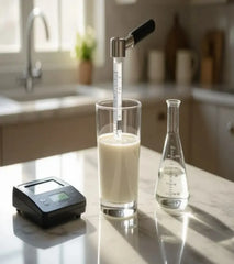 Lactometer inserted in a glass of milk for purity testing