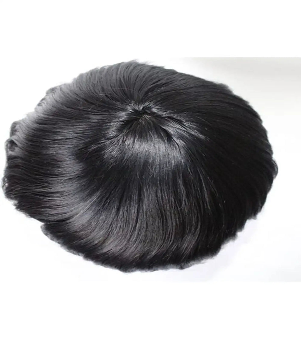 Short black men’s wig realistic hairstyle on mannequin and model