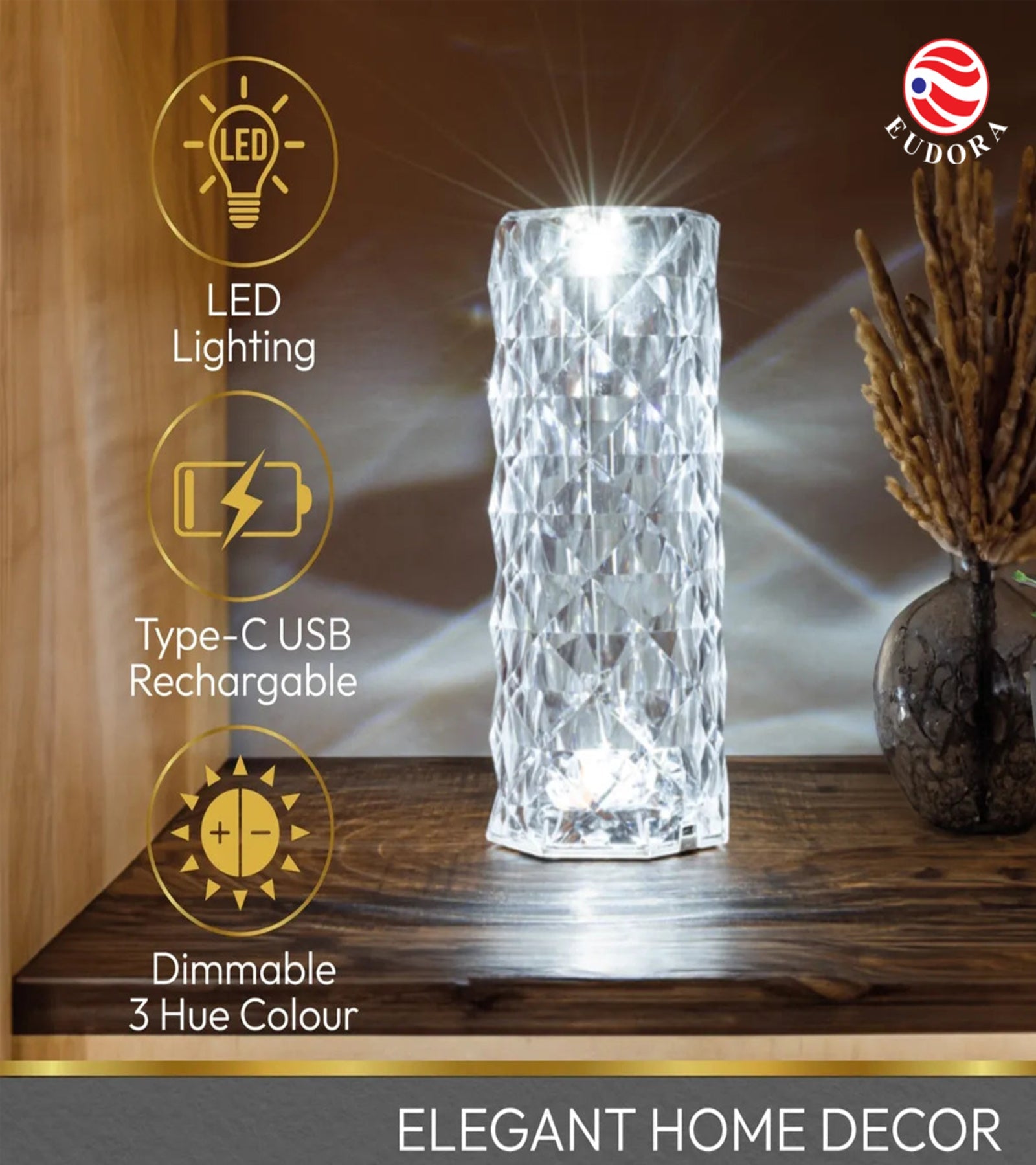Rechargeable Eudora LED crystal lamp with dimmable 3-tone lighting