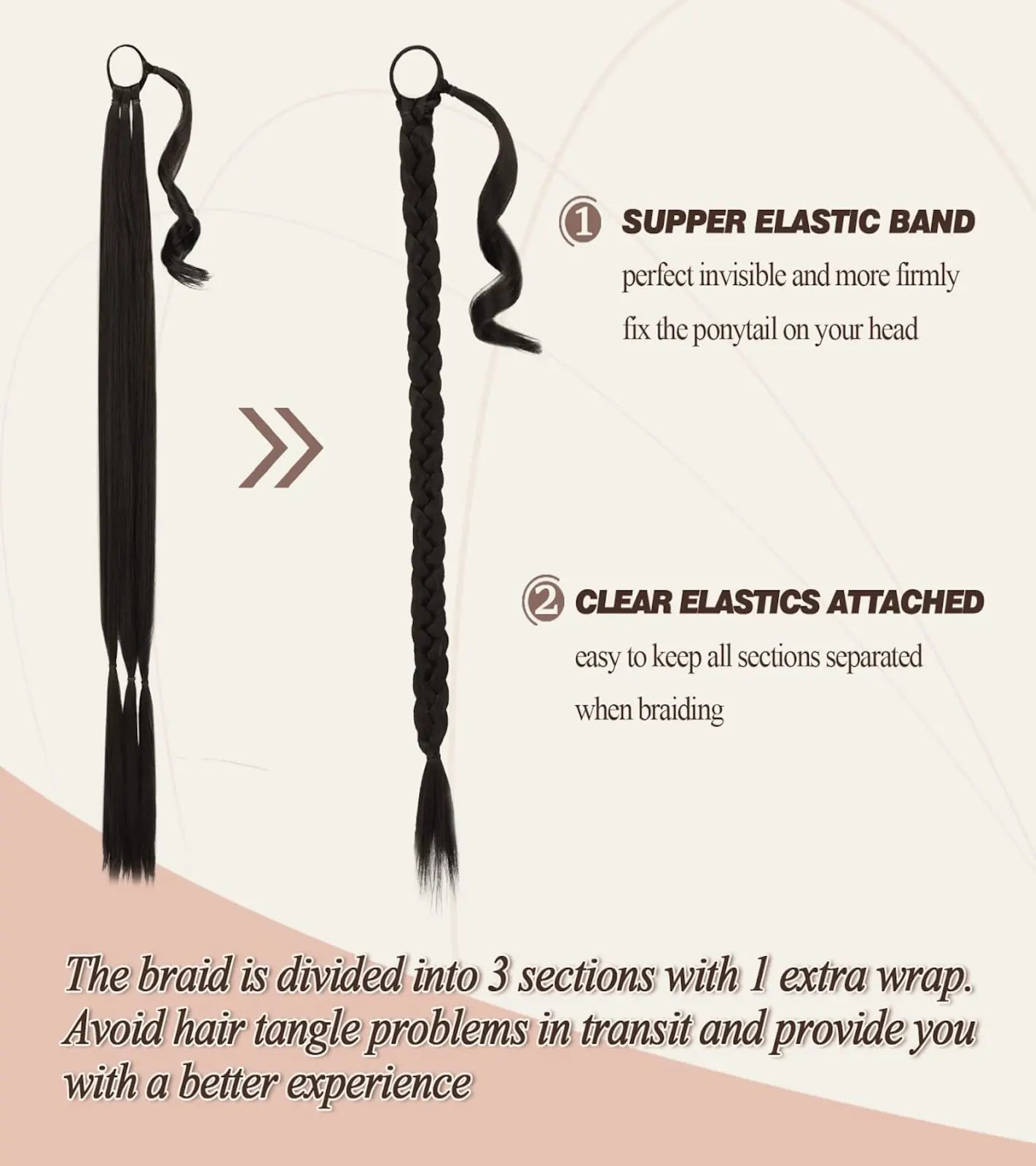 Gutt braided ponytail hair extension with elastic band and clear ties for secure, easy, and tangle-free styling.
