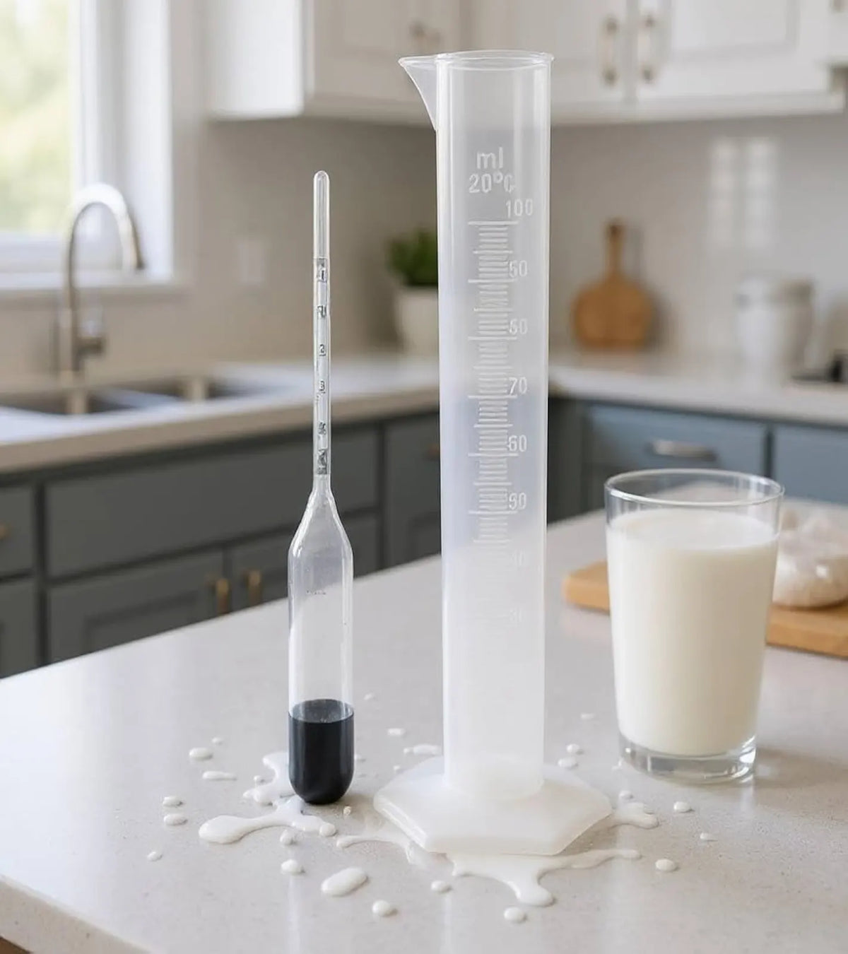 milk testing cylinder and glass lactometer on kitchen counter with spilled milk and a glass of fresh milk

