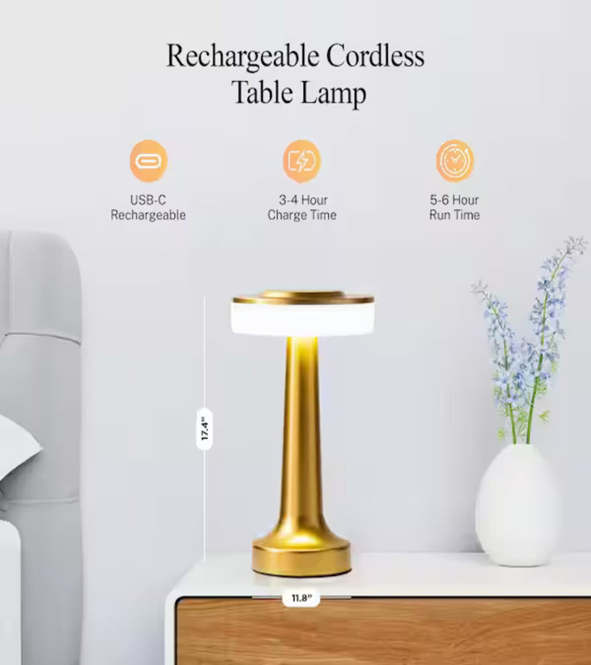 Rechargeable gold cordless table lamp with USB-C charging, placed on bedside table
