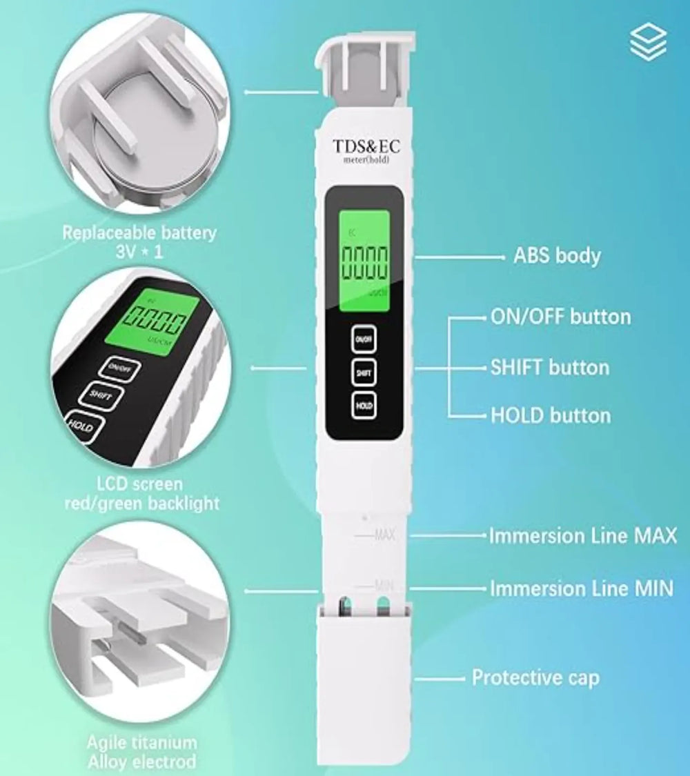 TDS meter with LCD display and replaceable battery