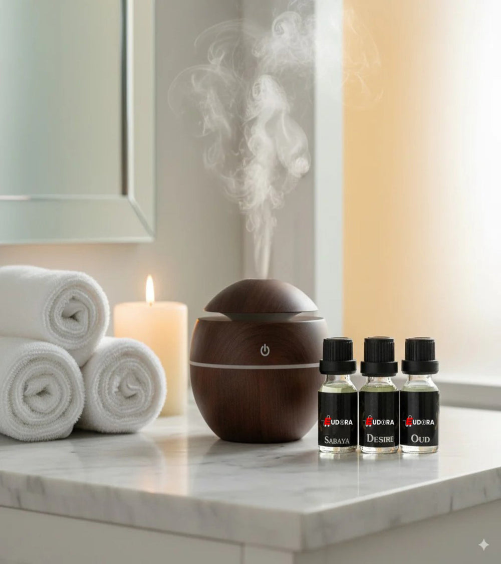 USB wood aroma diffuser and humidifier with Eudora Oud essential oil bottle