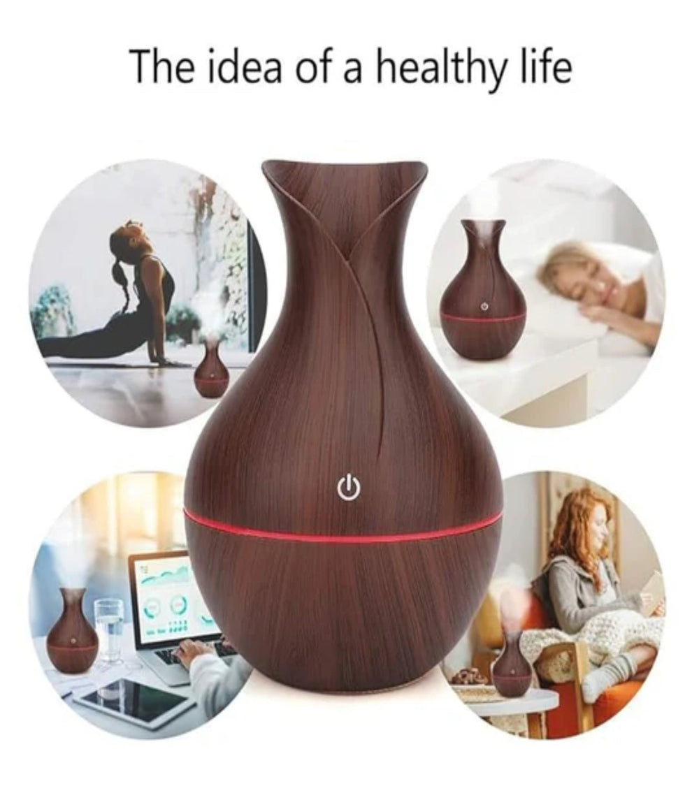 Wood grain aroma diffuser and humidifier promoting healthy lifestyle